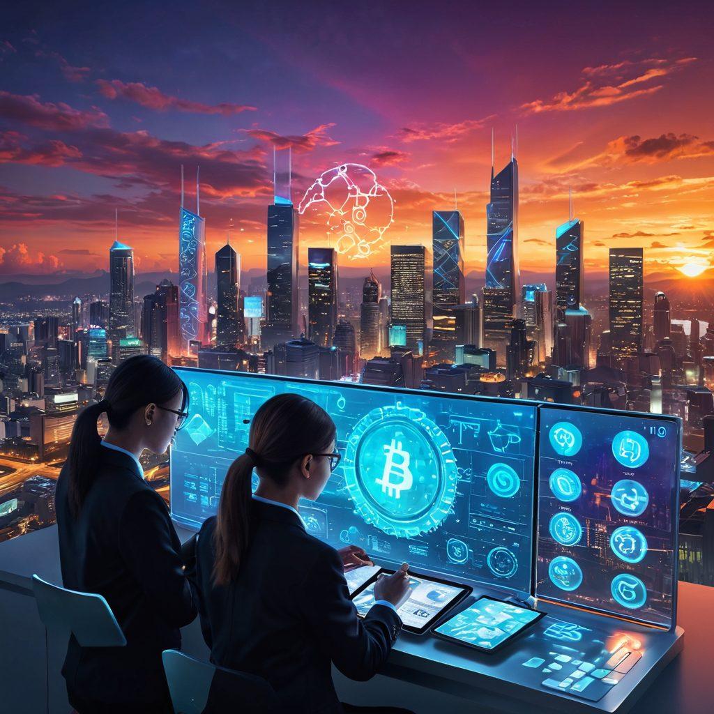 A futuristic city skyline with digital currency symbols floating around, showcasing the convergence of traditional budgeting tools and modern blockchain technology. A diverse group of people, including a woman analyzing a budget on her tablet and a man looking at blockchain data on a holographic display, set against a vibrant sunset. The atmosphere combines elements of finance and technology, with gears and crypto coins artistically integrated. super-realistic. vibrant colors. cyberpunk.