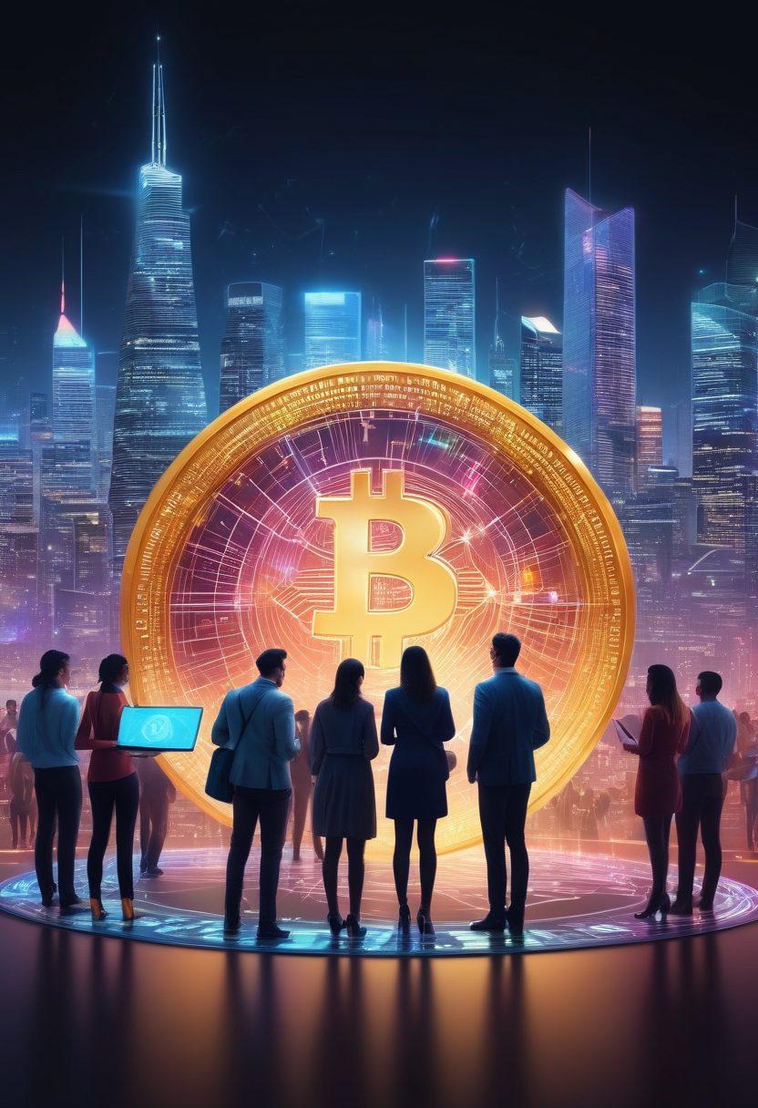A dynamic visual of a diverse group of people engaging with cryptocurrency, with digital currencies represented as glowing coins around them. Include holographic graphs showing upward trends, laptops displaying blockchain visuals, and a city skyline in the background symbolizing digital wealth. The scene should be vibrant and modern, conveying a sense of success and innovation. super-realistic. vibrant colors. 3D.