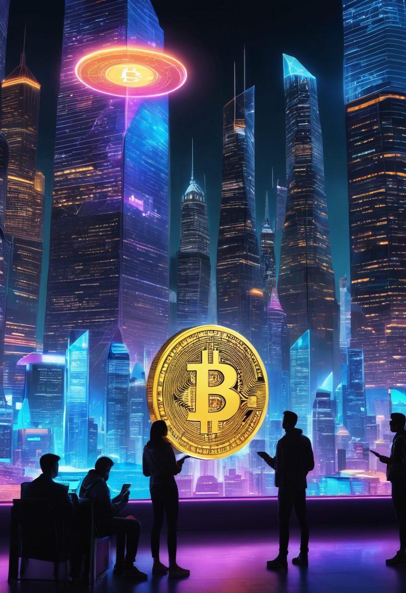 A digital landscape showcasing various virtual currencies like Bitcoin and Ethereum visually represented as glowing coins hovering above a futuristic city. In the foreground, a diverse group of people engaging with their devices, analyzing financial charts and budgets on holographic screens. Bright neon colors enhance the tech-savvy vibe. super-realistic. vibrant colors. cyberpunk.